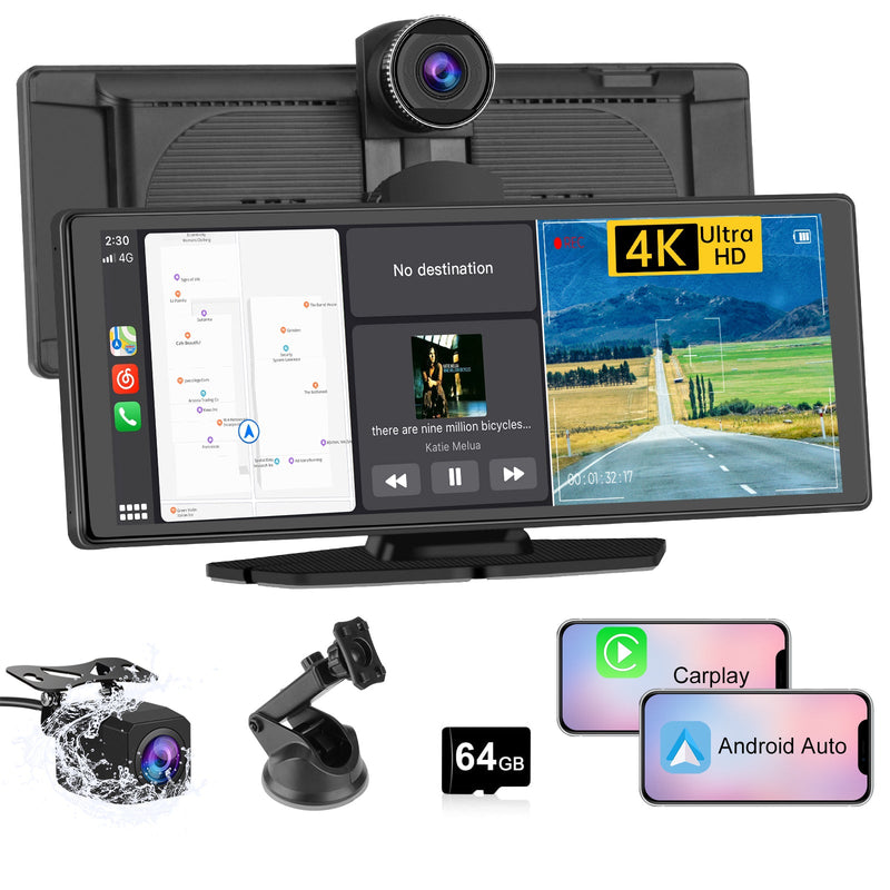 AWESAFE Autoradio avec CarPlay Sans Fil & Android Auto - Écran Tactile 10,26 Pouces - Dash Caméra 4K + 1080P Arrière - Bluetooth/GPS/Mirror Link/Assistant Vocal/AUX/FM AWESAFE