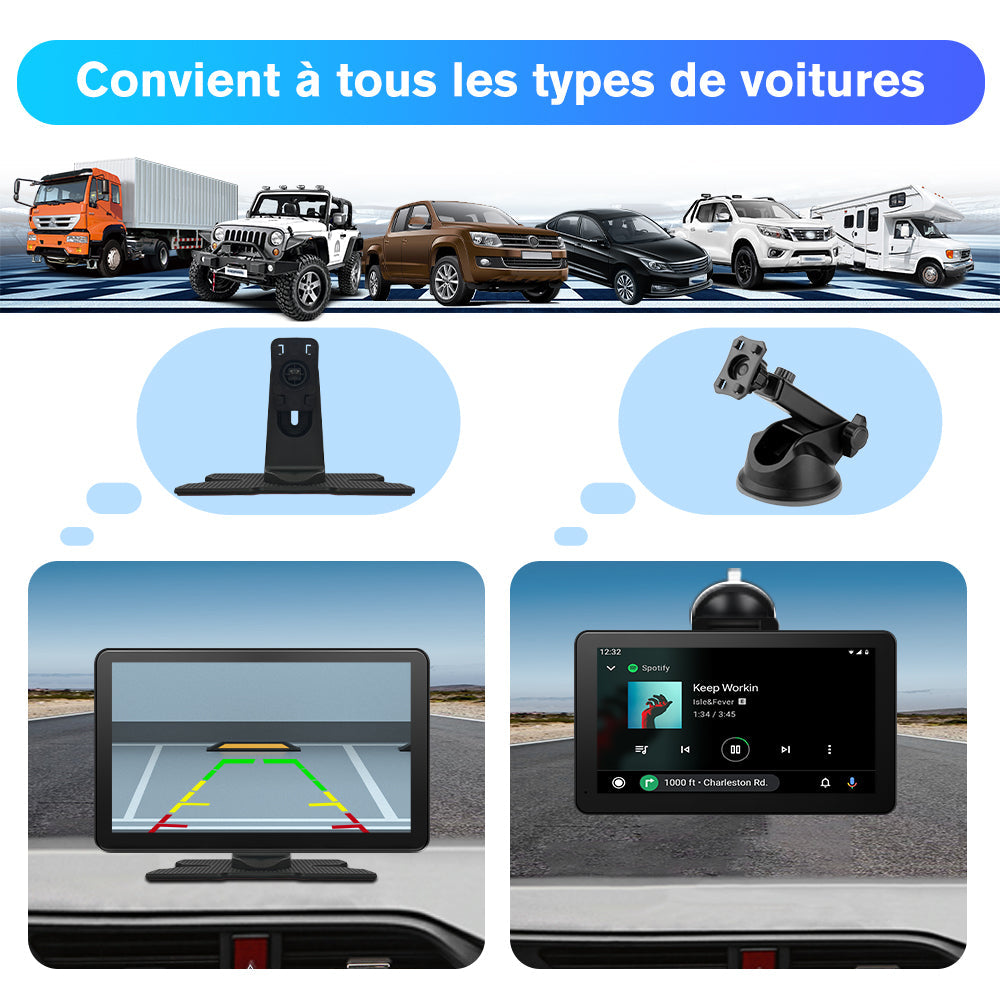 AWESAFE Écran Portable 9'' pour Sans Fil CarPlay & Android Auto, Affichage Dividida IPS Pantalla , Support Modes Portrait et Paysage,Dashcam 4K & 1080p Caméra de Recul, Bluetooth, Contrôle Vocal, Navigat, Carte SD 64GB AWESAFE