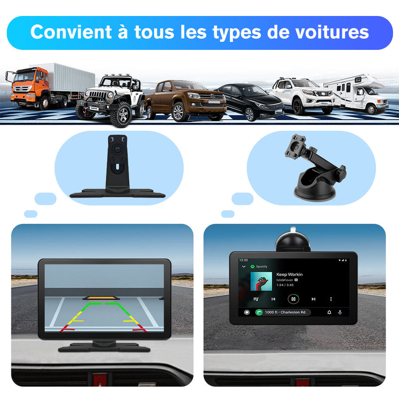AWESAFE Écran Portable 9'' pour Sans Fil CarPlay & Android Auto, Affichage Dividida IPS Pantalla , Support Modes Portrait et Paysage,Dashcam 4K & 1080p Caméra de Recul, Bluetooth, Contrôle Vocal, Navigat, Carte SD 64GB AWESAFE