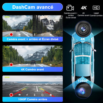 AWESAFE Écran Portable 9'' pour Sans Fil CarPlay & Android Auto, Affichage Dividida IPS Pantalla , Support Modes Portrait et Paysage,Dashcam 4K & 1080p Caméra de Recul, Bluetooth, Contrôle Vocal, Navigat, Carte SD 64GB AWESAFE