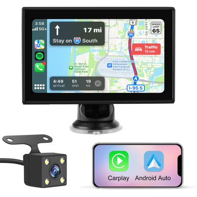 AWESAFE Autoradio Portable 7 Pouces avec Caméra de Recul - CarPlay Sans Fil & Android Auto - FM/AUX/Bluetooth 5.0 - Compatible 7-32V Voitures et Camions AWESAFE