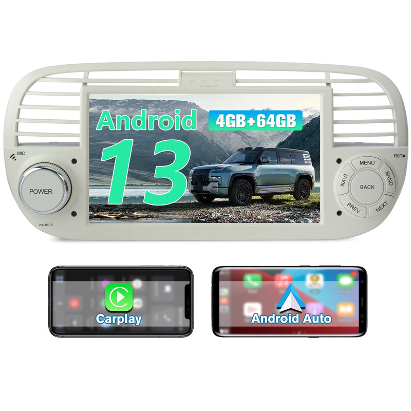 AWESAFE Autoradio Android 13 4+64GB con Schermo Touchscreen 7 Pollici - Per Fiat 500 2007-2015 - Bluetooth, Navigazione GPS, CarPlay e Android Auto AWESAFE