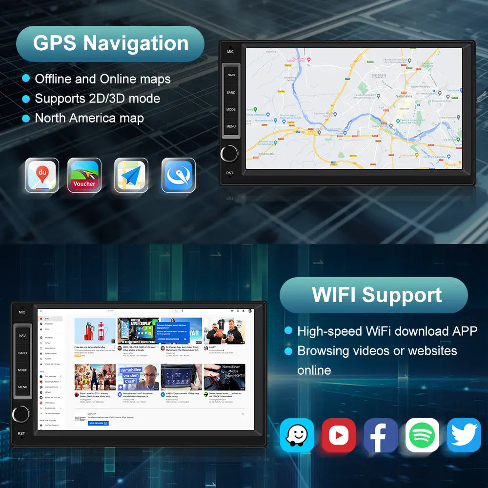 1/2 DIN Universal Car Radio With 7 Inch Touch ScreenBuilt in Wireless Carplay Android Auto GPS Navigation & WiFi Bluetooth DSP AWESAFE