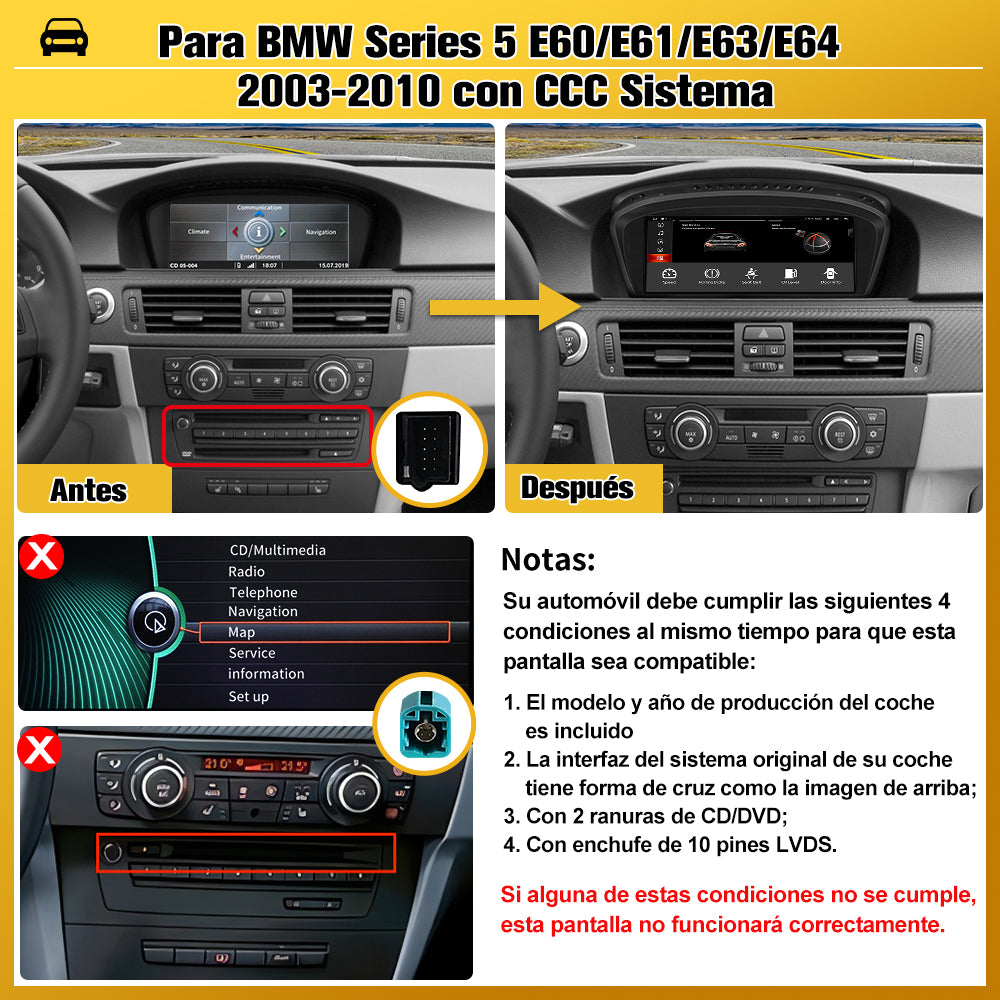 AWESAFE Android Car Stereo Para BMW Serie 5 E6O/E61/E63/E64 Sistema  Actualización de Radio de Pantalla Táctil con Carplay Inalámbrico Android Auto, Soporte Bluetooth WiFi Navegación GPS AWESAFE