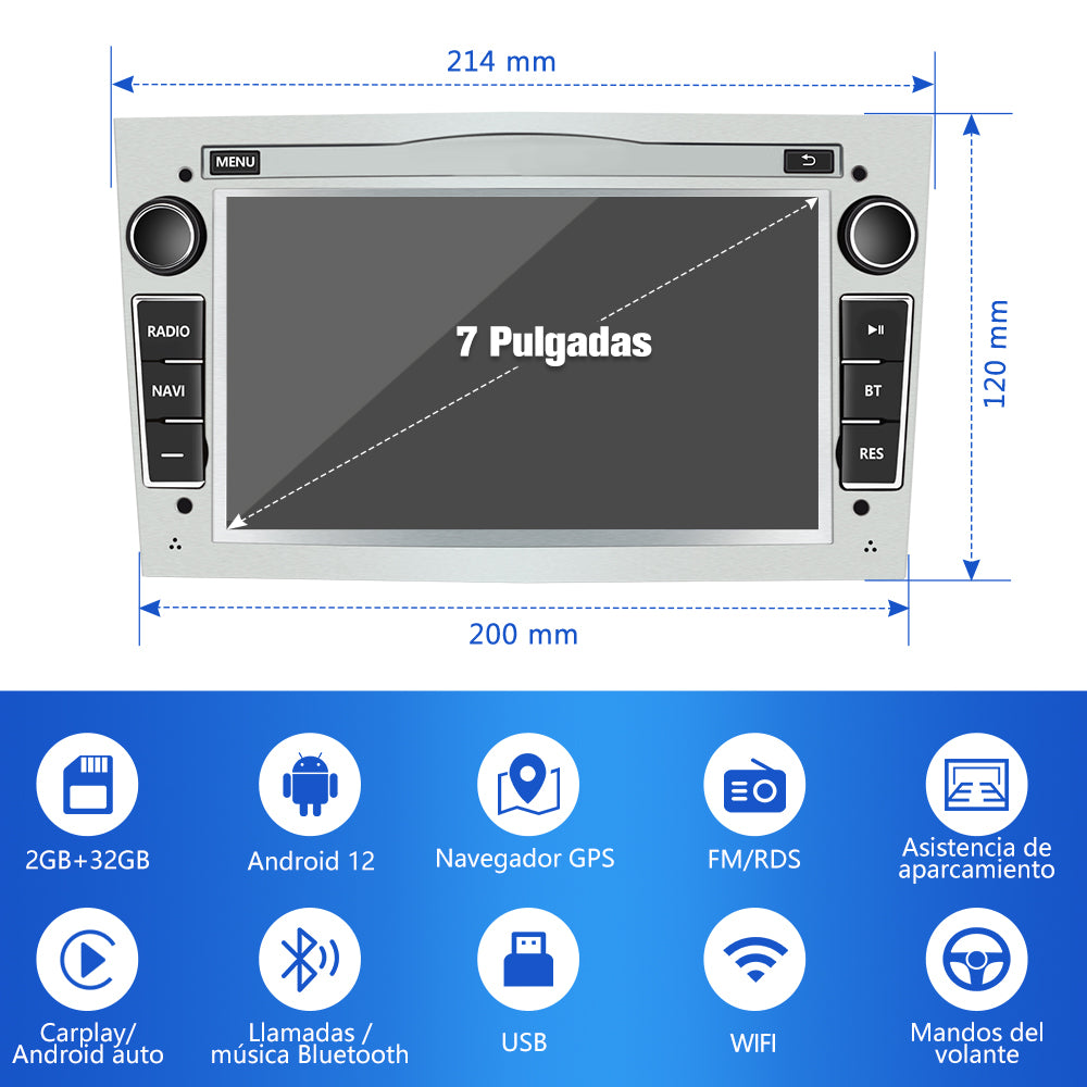 AWESAFE Android 12.0 2GB+32GB Pantalla de Coche para Opel con Carplay/Android Auto, Pantalla Táctil 7 Pulgadas con WiFi/GPS/Bluetooth/DSP/RDS/USB/FM/24 Temas, Apoyo Mandos Volante,MirrorLink(Plata) AWESAFE