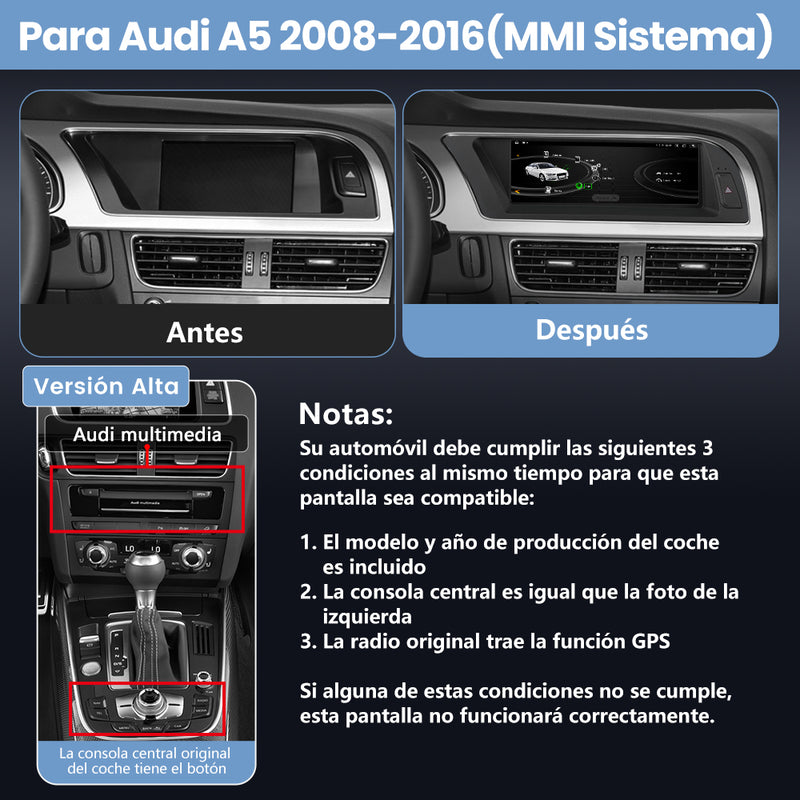 AWESAFE Android Car Stereo Para Audi A5 2008-2016 Sistema Actualización de Radio de Pantalla Táctil con Carplay Inalámbrico Android Auto, Soporte Bluetooth WiFi Navegación GPS AWESAFE