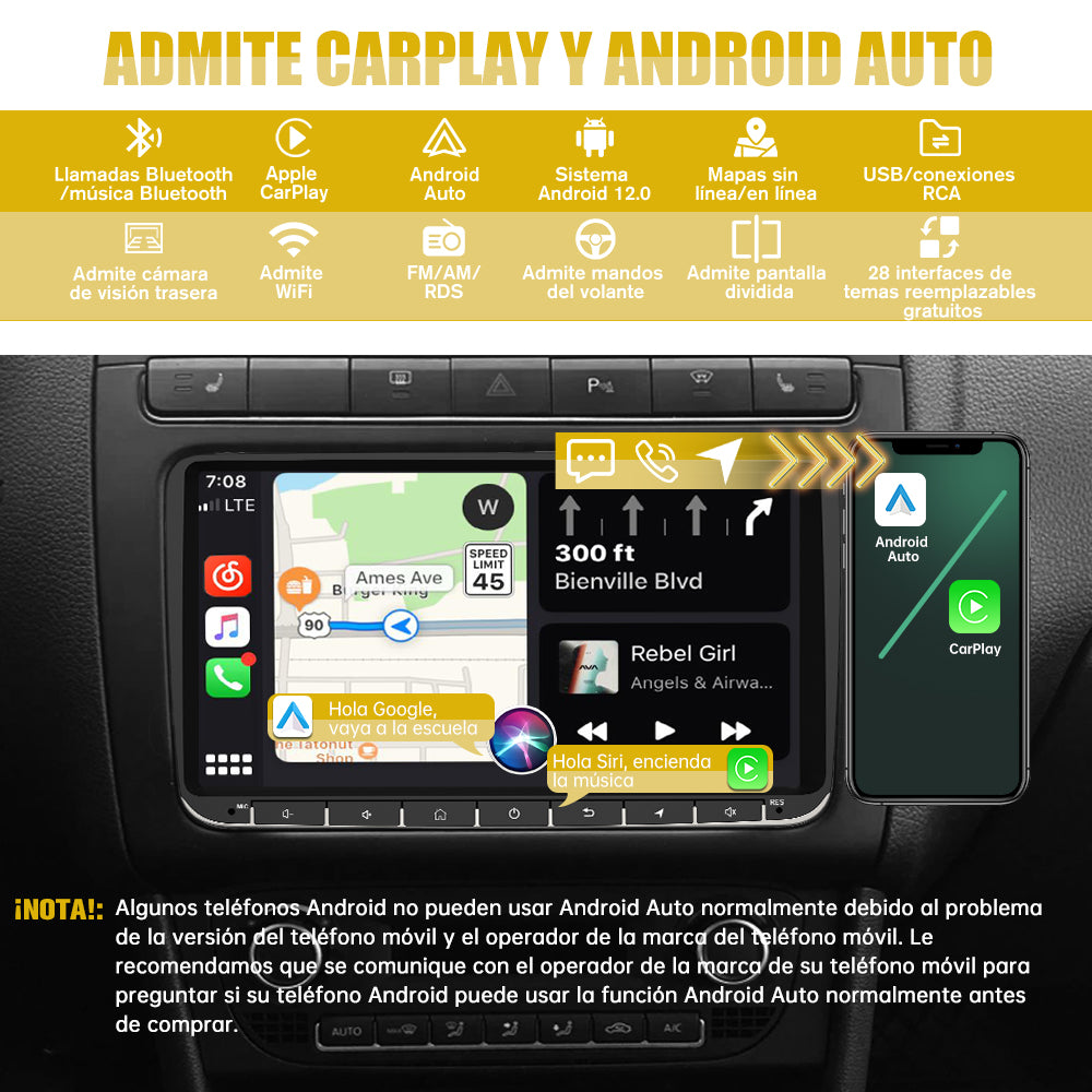 AWESAFE Android 12.0 2GB+32GB Radio Coche con Pantalla Táctil para VW, Autoradio 9'' con CarPlay/Android Auto/Mirror Link, Admite WiFi/GPS/Bluetooth/RDS/USB/FM/Mandos del Volante y Cámara Trasera AWESAFE