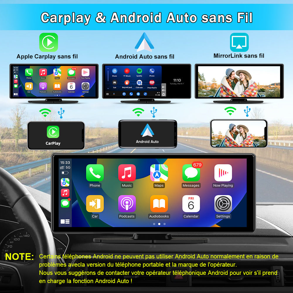 AWESAFE Autoradio avec CarPlay Sans Fil & Android Auto - Écran Tactile 10,26 Pouces - Caméra 4K Avant + 1080P Arrière - Bluetooth/GPS/Mirror Link/Assistant Vocal/AUX/FM AWESAFE