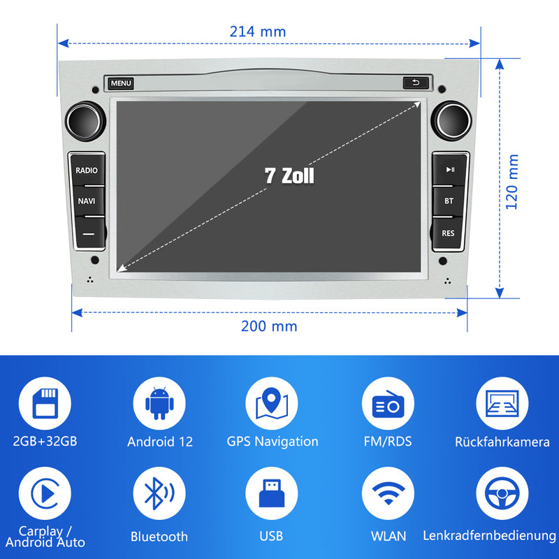 AWESAFE Android 12.0 2GB+32GB Car Radio for Opel with Carplay/Android Auto, 7 Inch Touch Screen with WiFi/GPS/Bluetooth/DSP/RDS/USB/FM AM/24 Themes, Support Steering Wheel Controls, MirrorLink(Silver) AWESAFE