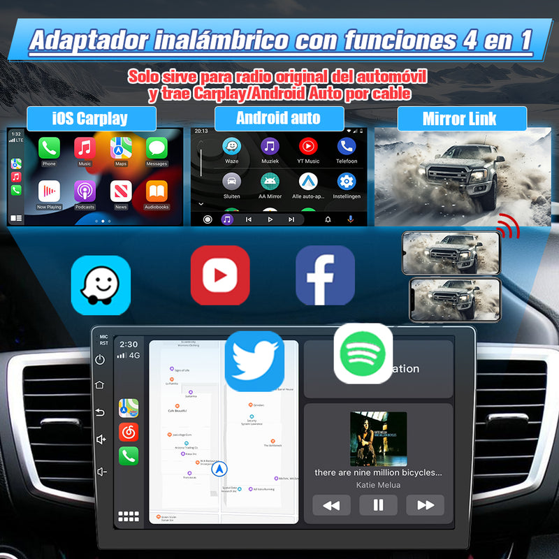 Adlaptador inalámbrico con funciones 4 en 1Solo sirve para radio oririnal del automovily trae carplay/Androill Auto por cable AWESAFE