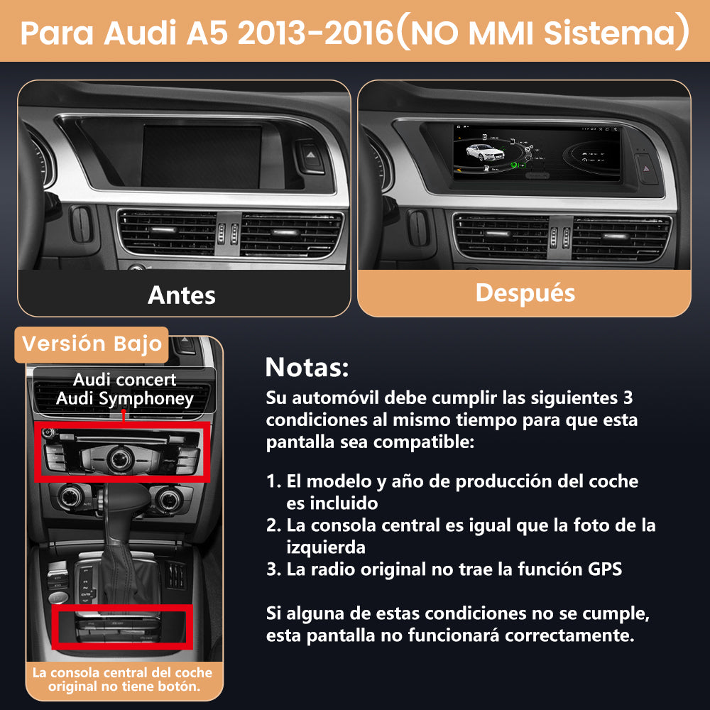 AWESAFE Android Car Stereo Para Audi A5 2013-2016 Sistema Actualización de Radio de Pantalla Táctil con Carplay Inalámbrico Android Auto, Soporte Bluetooth WiFi Navegación GPS AWESAFE