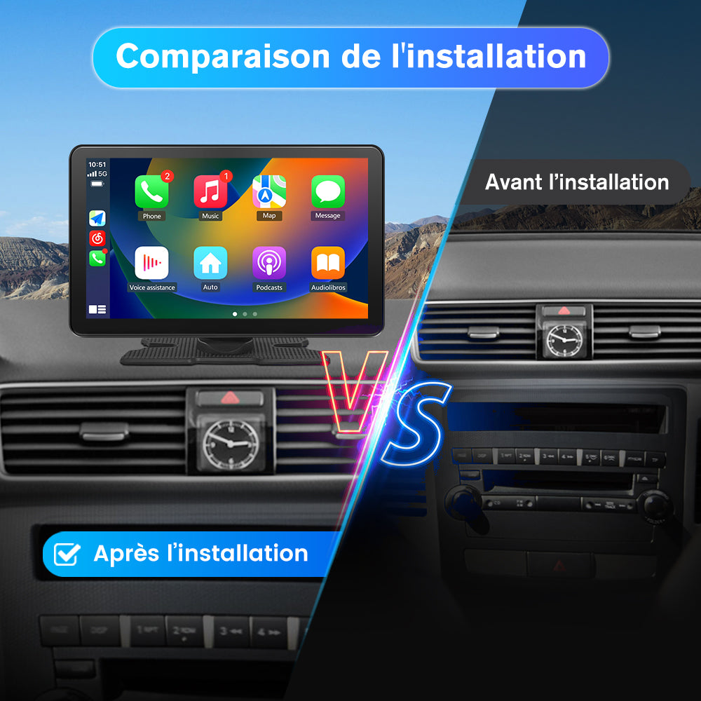 AWESAFE Écran Portable 9'' pour Sans Fil CarPlay & Android Auto, Affichage Dividida IPS Pantalla , Support Modes Portrait et Paysage,Dashcam 4K & 1080p Caméra de Recul, Bluetooth, Contrôle Vocal, Navigat, Carte SD 64GB AWESAFE