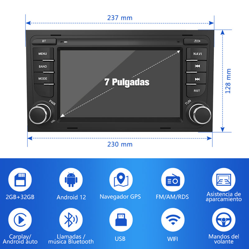 AWESAFE [Android 12.0 2GB+32GB] Radio de Coche para Audi A4/S4/RS4 con Carplay/Android Auto, 7 Pulgadas Pantalla Táctil con WiFi/GPS/Bluetooth/DSP/RDS/USB/FM AM/28 Temas, Apoyo Mandos Volante AWESAFE