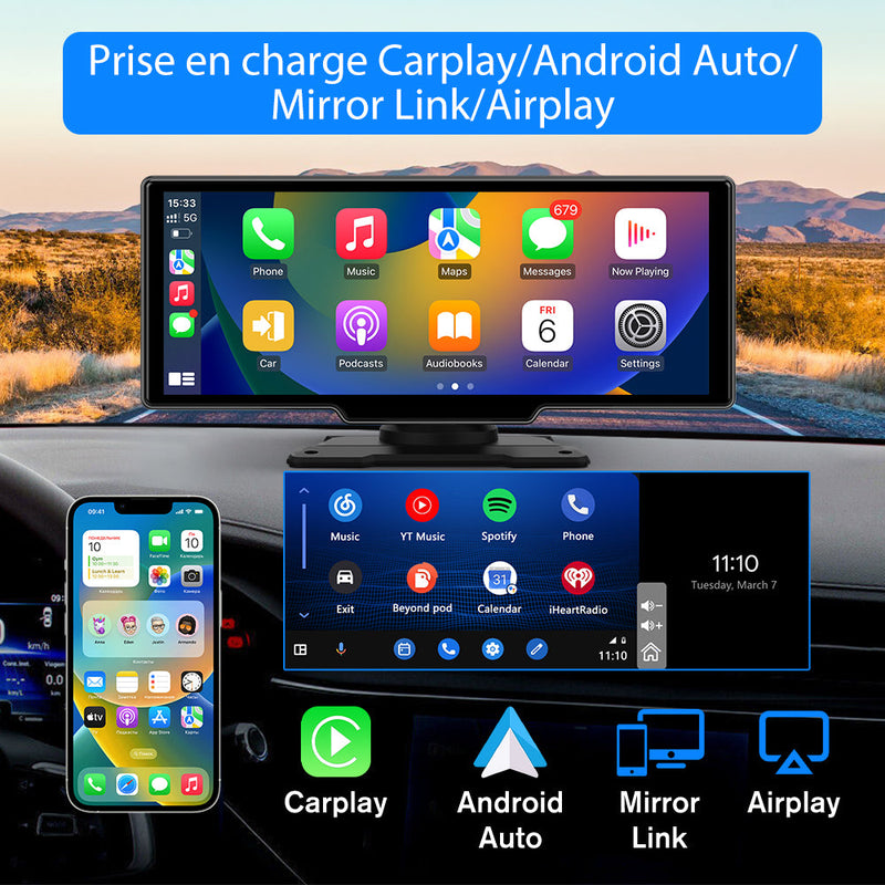 AWESAFE Autoradio Sans Fil Avec CarPlay/Android Auto, écran 10,26", Dashcam 4K Avant & 1080P Arrière, GPS, Bluetooth, FM, Assistant Vocal, Mirror Link AWESAFE