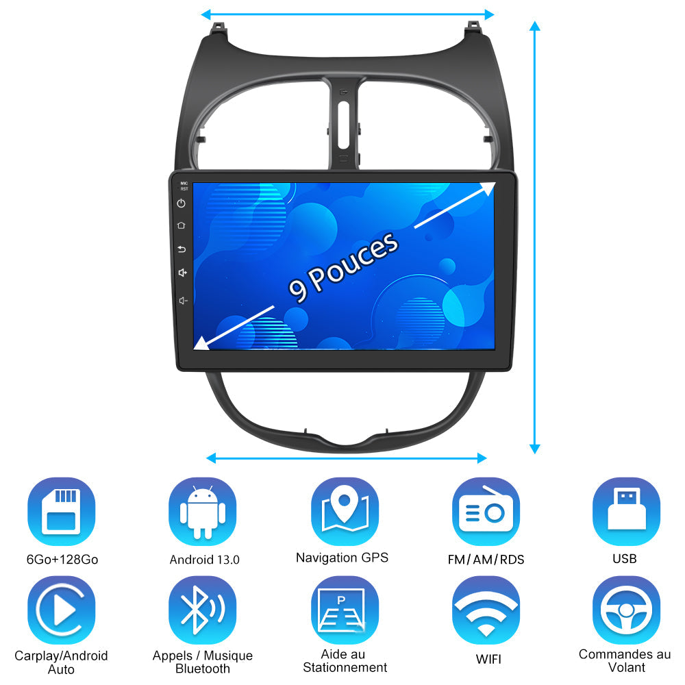 AWESAFE Autoradio 9 pouces Android 13 6+128 Go avec Bluetooth/DSP/GPS/Mirror Link/Android Auto & CarPlay sans fil - pour Peugeot 206 (2002-2010) AWESAFE