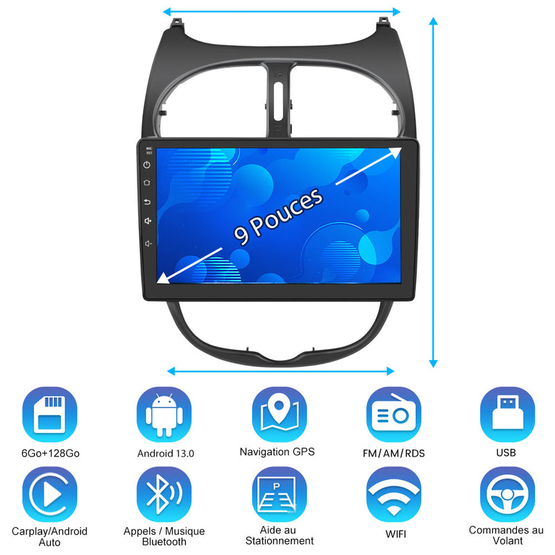 AWESAFE Autoradio 9 pouces Android 13 6+128 Go avec Bluetooth/DSP/GPS/Mirror Link/Android Auto & CarPlay sans fil - pour Peugeot 206 (2002-2010) AWESAFE