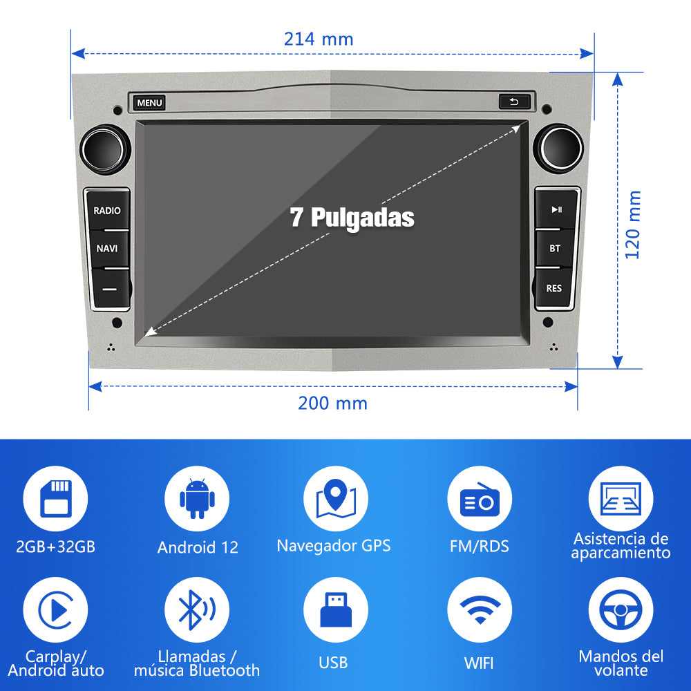 AWESAFE Android 12.0 2GB+32GB Pantalla de Coche para Opel con Carplay/Android Auto, Pantalla Táctil 7 Pulgadas con WiFi/GPS/Bluetooth/DSP/RDS/USB/FM/24 Temas, Apoyo Mandos Volante,MirrorLink(Gris) AWESAFE