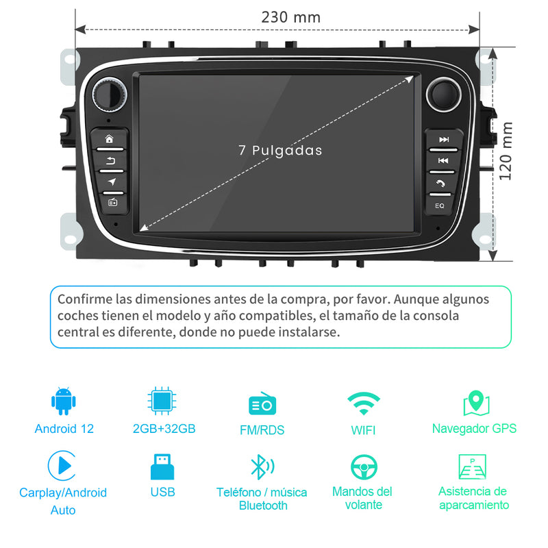 AWESAFE Android 12.0 [2GB+32GB] Radio Coche con Pantalla Táctil 7”para Ford Mondeo Focus S-Max Galaxy, Autoradio con Carplay/Android Auto/Bluetooth/GPS/FM (Negra) AWESAFE