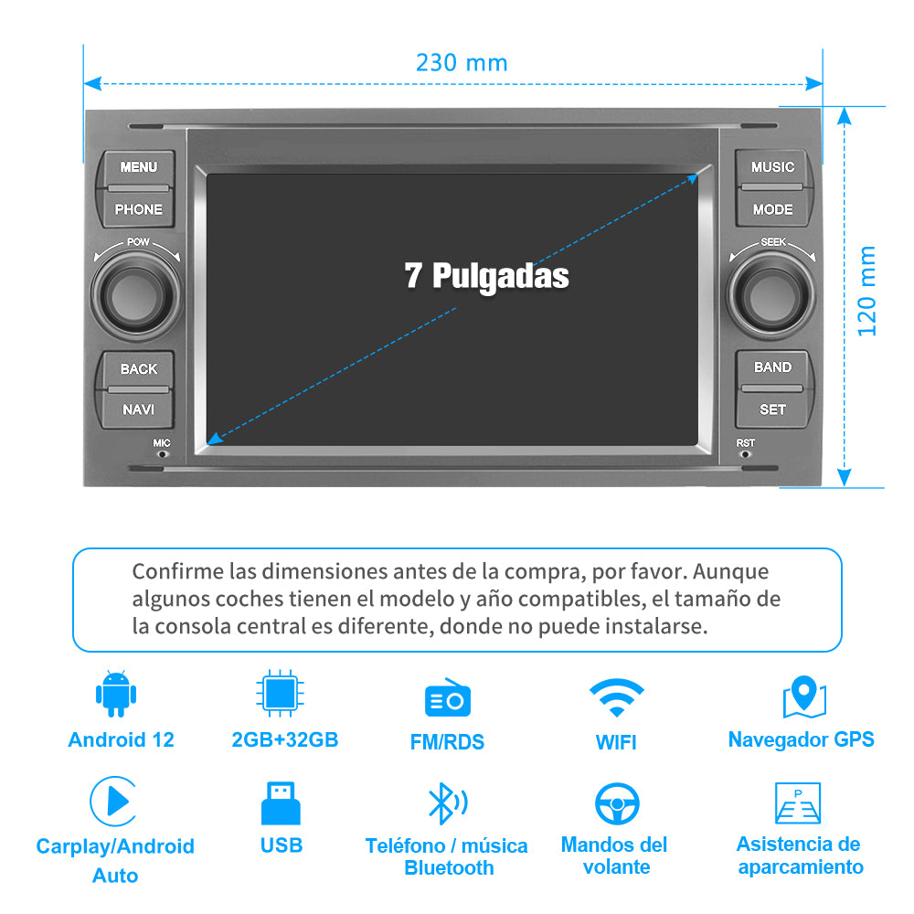 AWESAFE Android 12 [2GB+32GB] Radio Coche con Pantalla Táctil 7 Pulgadas para Ford Focus Mondeo Fiesta, Autoradio con Carplay/Android Auto/Bluetooth/GPS/FM, Apoya Mandos Volante (Plata) AWESAFE