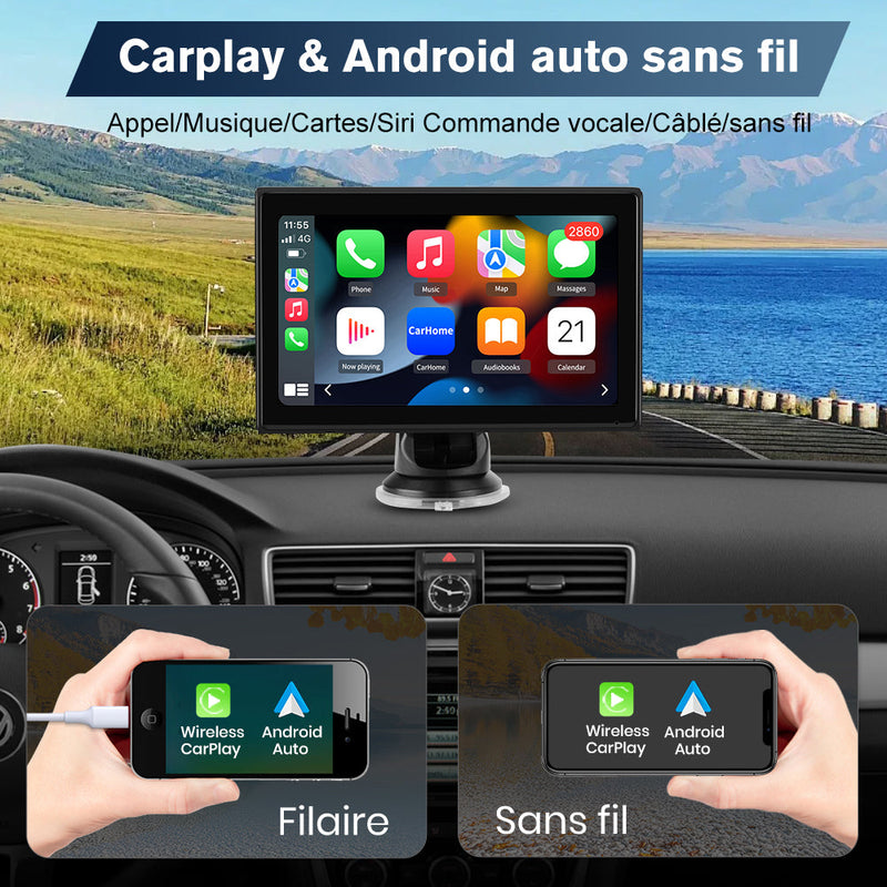 AWESAFE Autoradio Portable 7 Pouces avec Caméra de Recul - CarPlay Sans Fil & Android Auto - FM/AUX/Bluetooth 5.0 - Compatible 7-32V Voitures et Camions AWESAFE