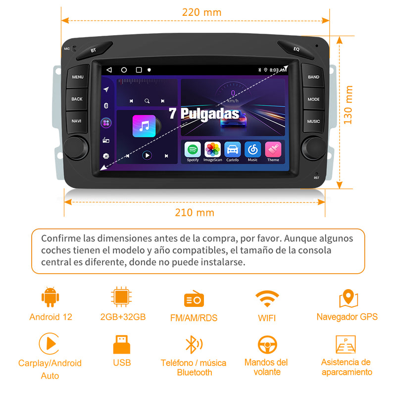 AWESAFE Android 12.0 [2GB+32GB] Radio Coche con Pantalla Táctil 7 Pulgadas para Mercedes-Benz, Autoradio para Clase C W203/S203/Clase CLK W209/C209, con Bluetooth/WiFi/GPS/Carplay y Android Auto AWESAFE
