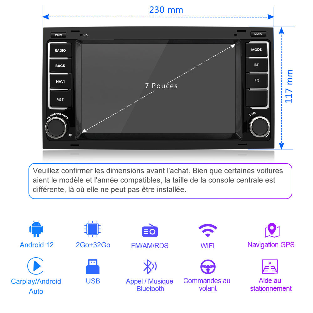 AWESAFE Autoradio pour VW Touareg Transporter T5 Multivan, Android 12,Écran Tactile 7" HD,Carplay,Android Auto,GPS,Bluetooth,WiFi,USB,RDS,FM [2Go+32Go] AWESAFE