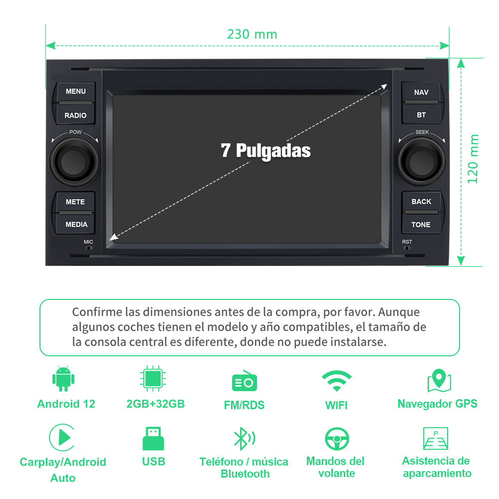 AWESAFE Android 12 [2GB+32GB] Radio Coche con Pantalla Táctil 7 Pulgadas para Ford Focus Mondeo Fiesta, Autoradio con Carplay/Android Auto/Bluetooth/GPS/FM, Apoya Mandos Volante (Negra) AWESAFE