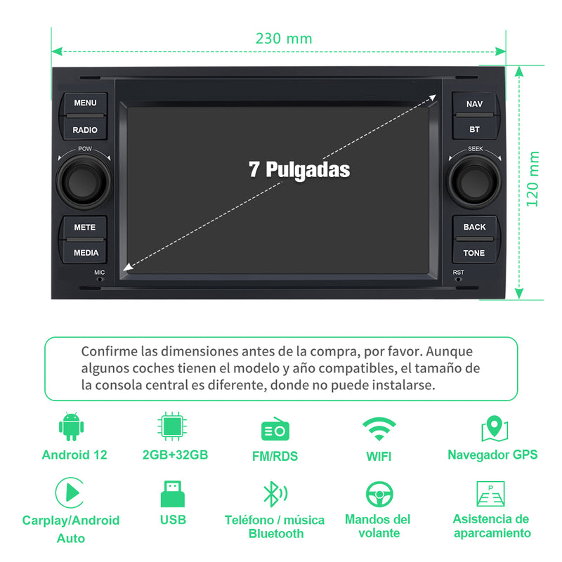 AWESAFE Android 12 [2GB+32GB] Radio Coche con Pantalla Táctil 7 Pulgadas para Ford Focus Mondeo Fiesta, Autoradio con Carplay/Android Auto/Bluetooth/GPS/FM, Apoya Mandos Volante (Negra) AWESAFE