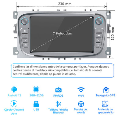 AWESAFE Android 12.0 [2GB+32GB] Radio Coche con Pantalla Táctil 7”para Ford Mondeo Focus S-Max Galaxy, Autoradio con Carplay/Android Auto/Bluetooth/GPS/FM, Admite Mandos Volante y Aparcamiento (Plata) AWESAFE