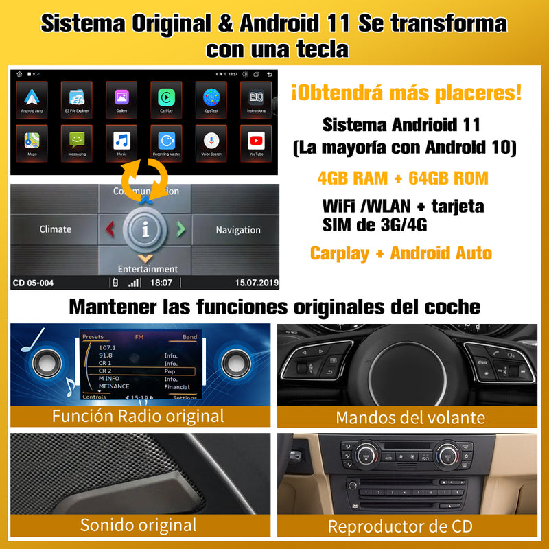 AWESAFE Android Car Stereo Para BMW Serie 5 E6O/E61/E63/E64 Sistema  Actualización de Radio de Pantalla Táctil con Carplay Inalámbrico Android Auto, Soporte Bluetooth WiFi Navegación GPS AWESAFE