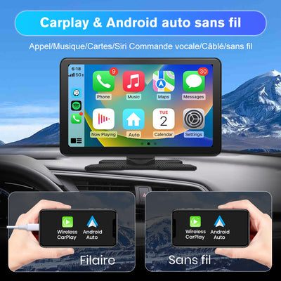 AWESAFE Écran Portable 9'' pour Sans Fil CarPlay & Android Auto, Affichage Dividida IPS Pantalla , Support Modes Portrait et Paysage,Dashcam 4K & 1080p Caméra de Recul, Bluetooth, Contrôle Vocal, Navigat, Carte SD 64GB AWESAFE