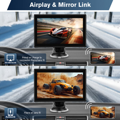AWESAFE Autoradio Portable 7 Pouces avec Caméra de Recul - CarPlay Sans Fil & Android Auto - FM/AUX/Bluetooth 5.0 - Compatible 7-32V Voitures et Camions AWESAFE