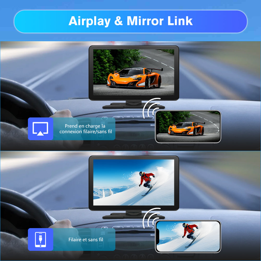 AWESAFE Écran Portable 9'' pour Sans Fil CarPlay & Android Auto, Affichage Dividida IPS Pantalla , Support Modes Portrait et Paysage,Dashcam 4K & 1080p Caméra de Recul, Bluetooth, Contrôle Vocal, Navigat, Carte SD 64GB AWESAFE