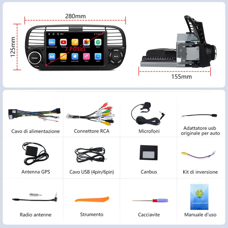 AWESAFE Android 12 Autoradio per Fiat 500 (2007-2015) 7 Pollici Car Radio con CarPlay/Android Auto GPS Bluetooth WIFI FM RDS Comandi al Volante (Non compatibile con 500C/500L/500X) AWESAFE