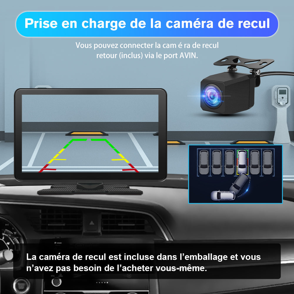 AWESAFE Écran Portable 9'' pour Sans Fil CarPlay & Android Auto, Affichage Dividida IPS Pantalla , Support Modes Portrait et Paysage,Dashcam 4K & 1080p Caméra de Recul, Bluetooth, Contrôle Vocal, Navigat, Carte SD 64GB AWESAFE