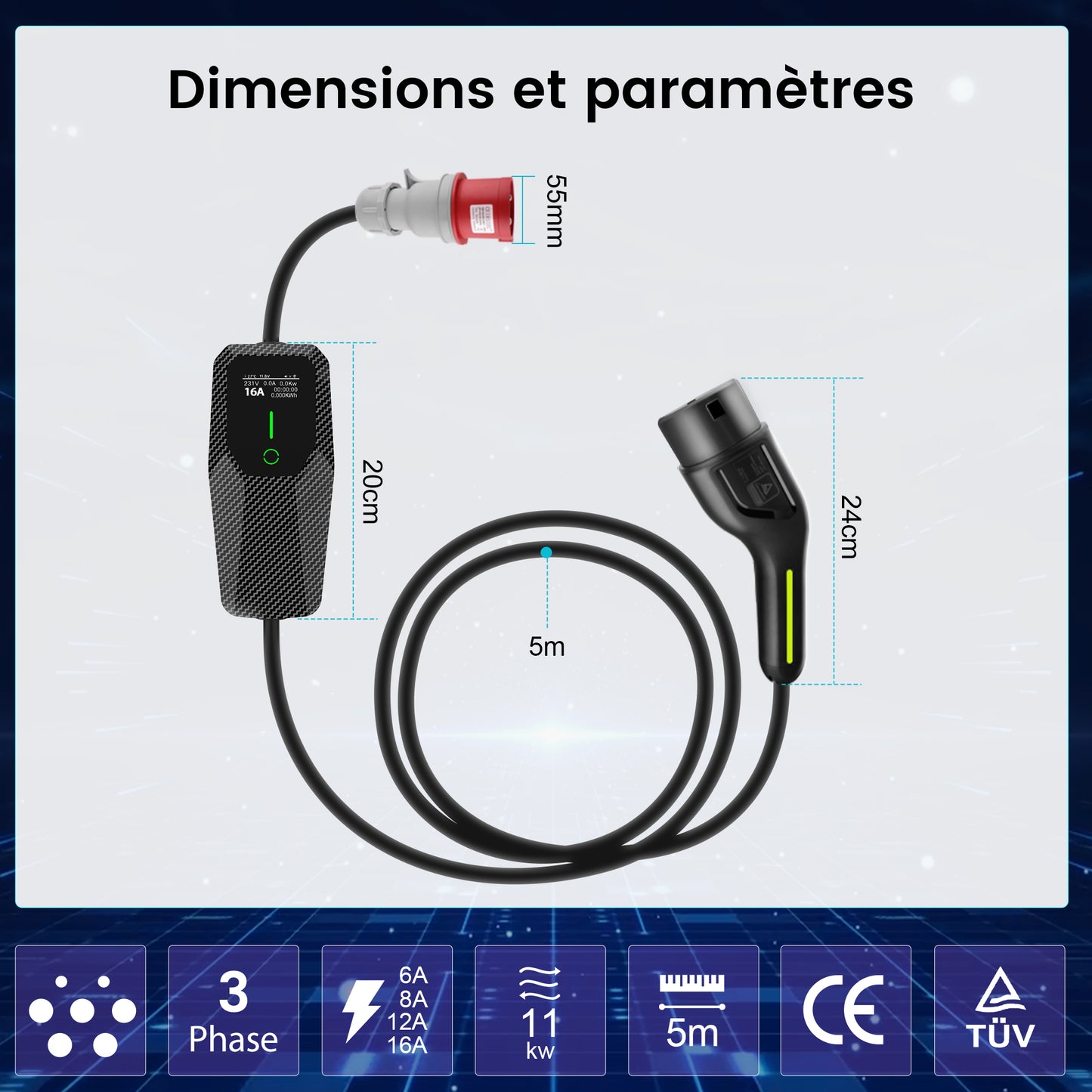 AWESAFE Tragbares EV-Ladegerät for véhicule électrique de type 2Wallbox mobile de 11 KW pour véhicules électriques Degré d'étanchéité lP65/IP55/1P54 AWESAFE