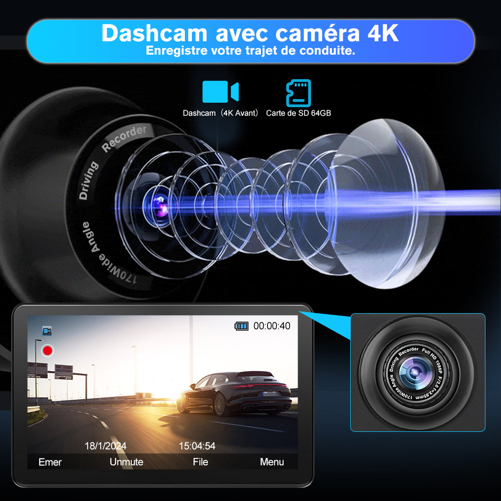 AWESAFE Écran Portable 9'' pour Sans Fil CarPlay & Android Auto, Affichage Dividida IPS Pantalla , Support Modes Portrait et Paysage,Dashcam 4K & 1080p Caméra de Recul, Bluetooth, Contrôle Vocal, Navigat, Carte SD 64GB AWESAFE
