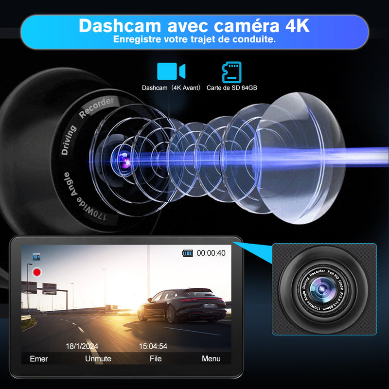 AWESAFE Écran Portable 9'' pour Sans Fil CarPlay & Android Auto, Affichage Dividida IPS Pantalla , Support Modes Portrait et Paysage,Dashcam 4K & 1080p Caméra de Recul, Bluetooth, Contrôle Vocal, Navigat, Carte SD 64GB AWESAFE