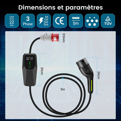 AWESAFE Tragbares EV-Ladegerät (231V,16A) for véhicule électrique de type 2Wallbox mobile de 22 KW pour véhicules électriques Degré AWESAFE