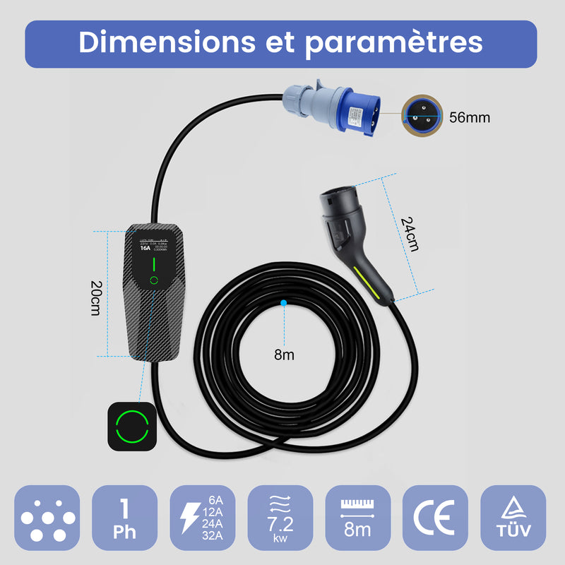 AWESAFE Tragbares EV-Ladegerät (231V,16A) for véhicule électrique de type 2Wallbox mobile de 11 KW pour véhicules électriques Degré d'étanchéité lP65/IP55/1P54 AWESAFE