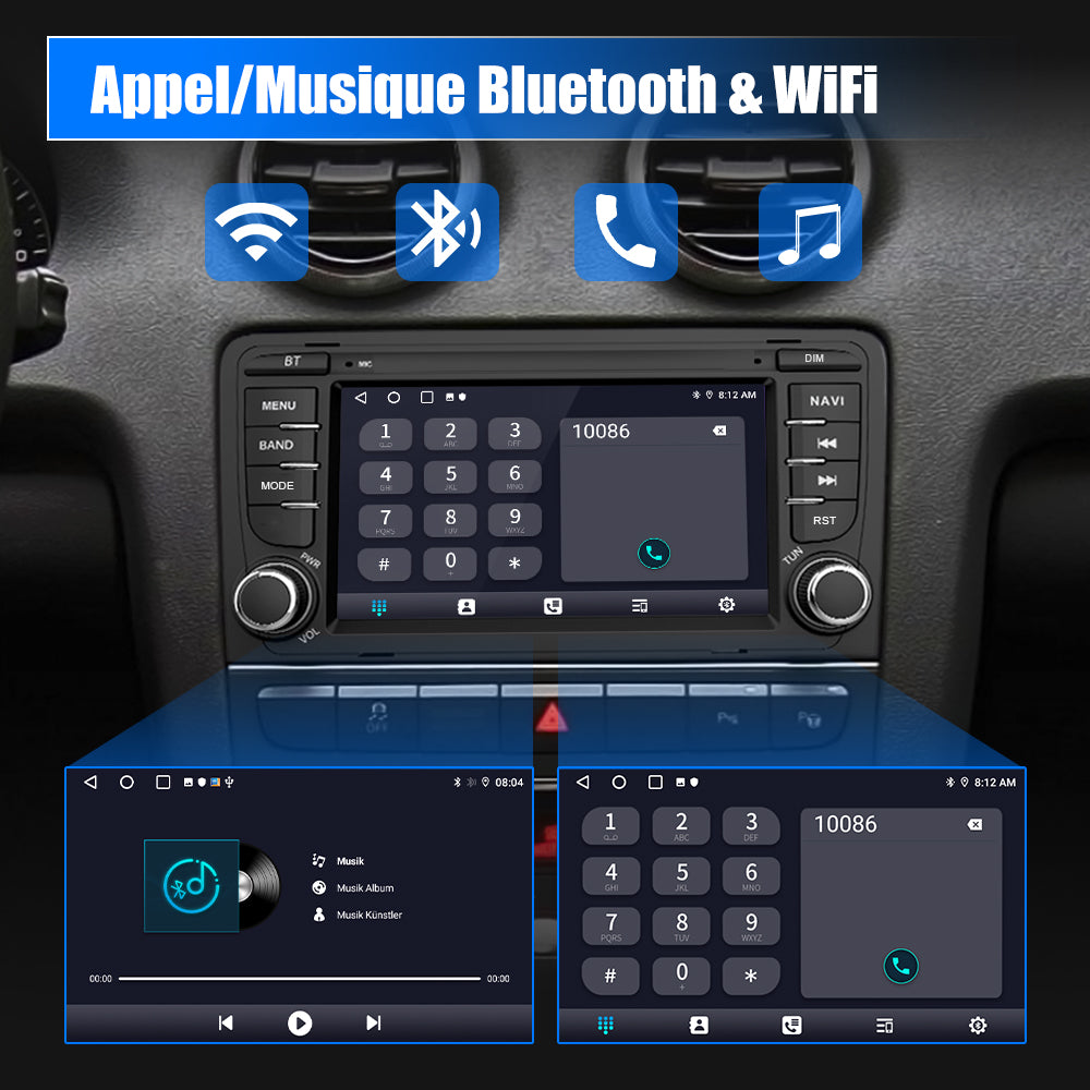AWESAFE Autoradio Android 12 pour Audi A3 S3 RS3 8P (2003-2012) (2Go + 32 Go) avec Carplay Android Auto 7 Pouces GPS WiFi USB SD Bluetooth Commande au Volant(sans Lecteur CD) AWESAFE