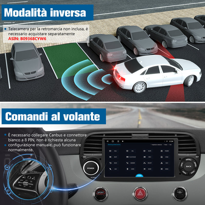 AWESAFE Autoradio Android 13 4+64GB con Schermo Touchscreen 7 Pollici - Per Fiat 500 2007-2015 - Bluetooth, Navigazione GPS, CarPlay e Android Auto AWESAFE