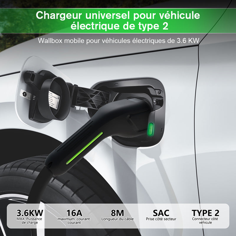 Chargeur EV portable AWESAFE (231 V, 16 A) avec câble de charge de 8 pieds pour véhicule électrique de type 2 AWESAFE