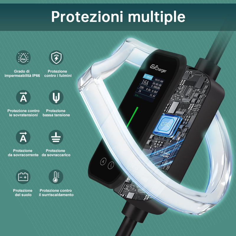 AWESAFE Caricatore Auto Elettrica 3,7kW Tipo 2 Monofase 16A, 6m con Supporto a Parete: Display LCD, Programmabile, IP67, CE. Compatibile con Tesla Model 3/Model Y e Altre Elettriche/Ibridi Ricaricabili AWESAFE