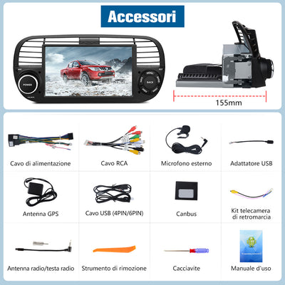 AWESAFE Autoradio Android 13 4+64GB con Schermo Touchscreen 7 Pollici - Per Fiat 500 2007-2015 - Bluetooth, Navigazione GPS, CarPlay e Android Auto AWESAFE