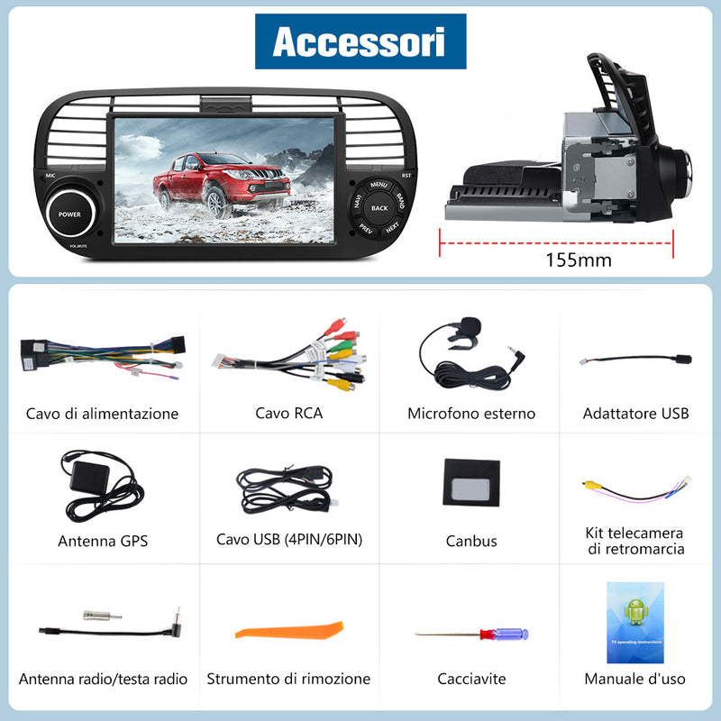 AWESAFE Autoradio Android 13 4+64GB con Schermo Touchscreen 7 Pollici - Per Fiat 500 2007-2015 - Bluetooth, Navigazione GPS, CarPlay e Android Auto AWESAFE