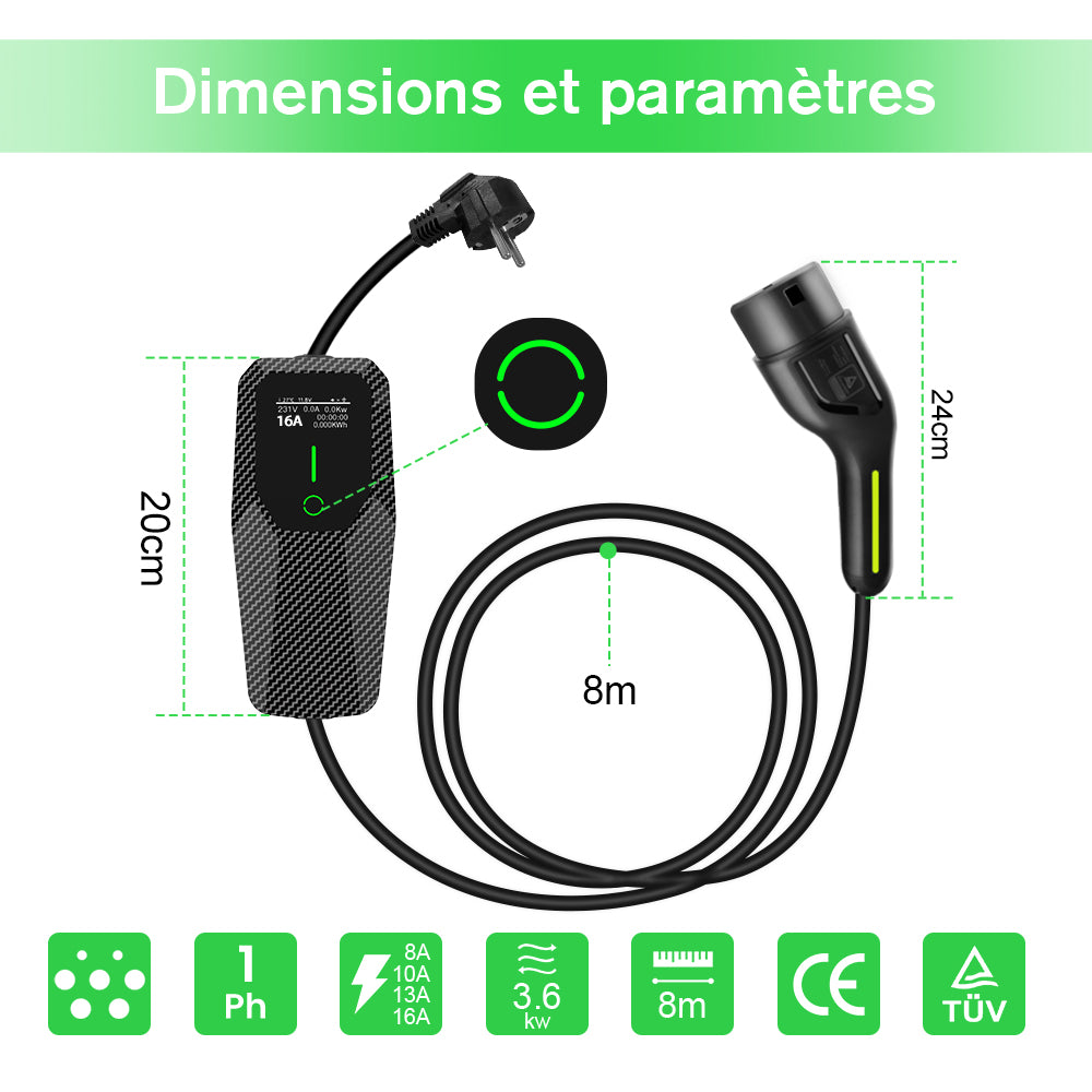 Chargeur EV portable AWESAFE (231 V, 16 A) avec câble de charge de 8 pieds pour véhicule électrique de type 2 AWESAFE