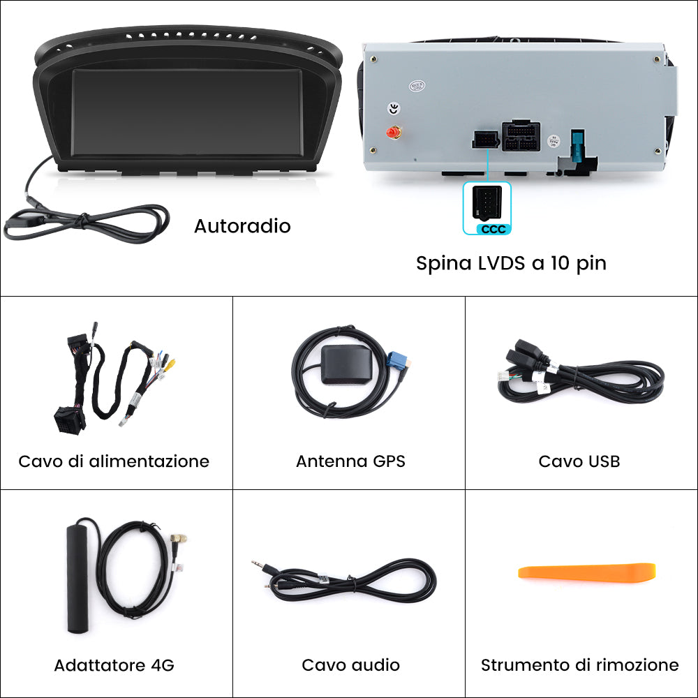 AWESAFE Autoradio Android per BMW Serie 5 E60 E61 E63 E64 Sistema di aggiornamento radio touch screen CCC 2003-2010 con Wireless Carplay Android Auto, supporto navigazione GPS Bluetooth WiFi AWESAFE