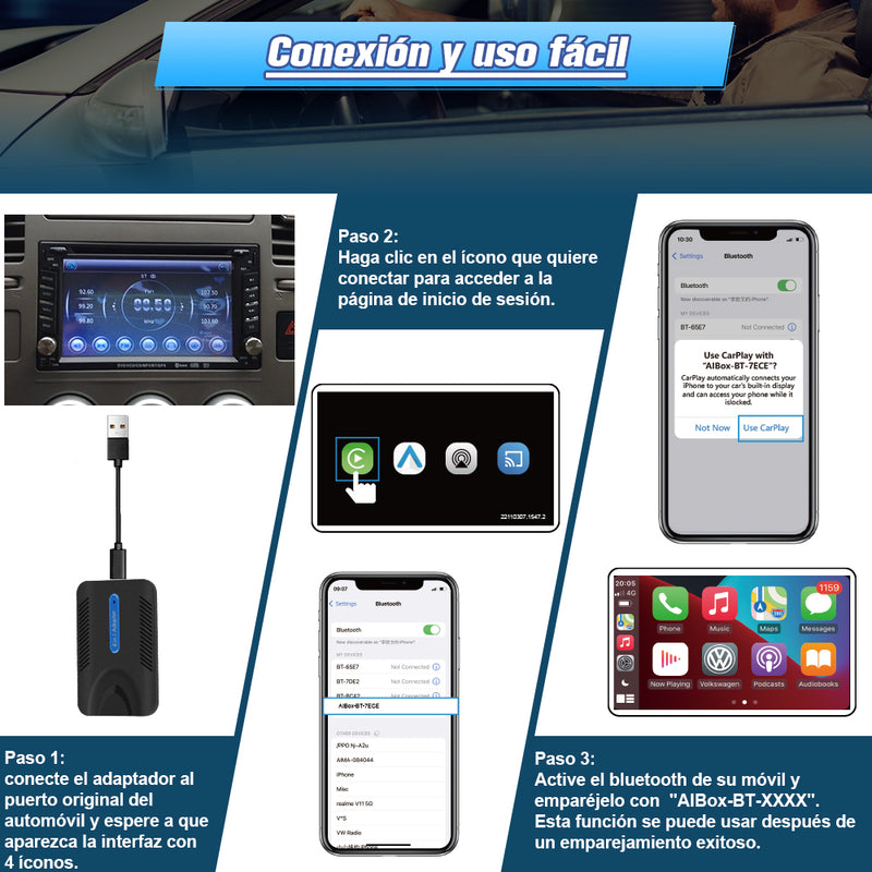 Adlaptador inalámbrico con funciones 4 en 1Solo sirve para radio oririnal del automovily trae carplay/Androill Auto por cable AWESAFE