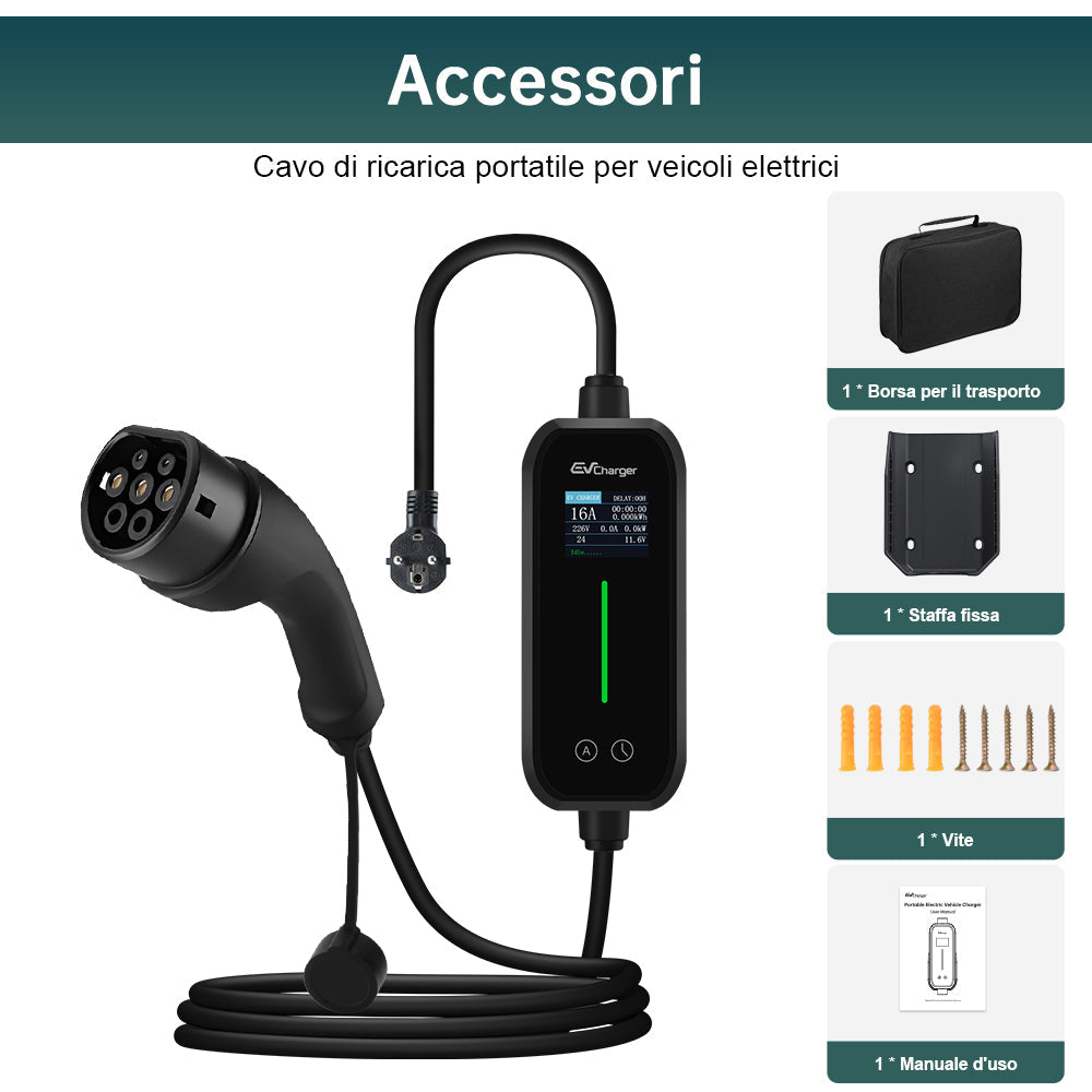 AWESAFE Caricatore Auto Elettrica 3,7kW Tipo 2 Monofase 16A, 6m con Supporto a Parete: Display LCD, Programmabile, IP67, CE. Compatibile con Tesla Model 3/Model Y e Altre Elettriche/Ibridi Ricaricabili AWESAFE